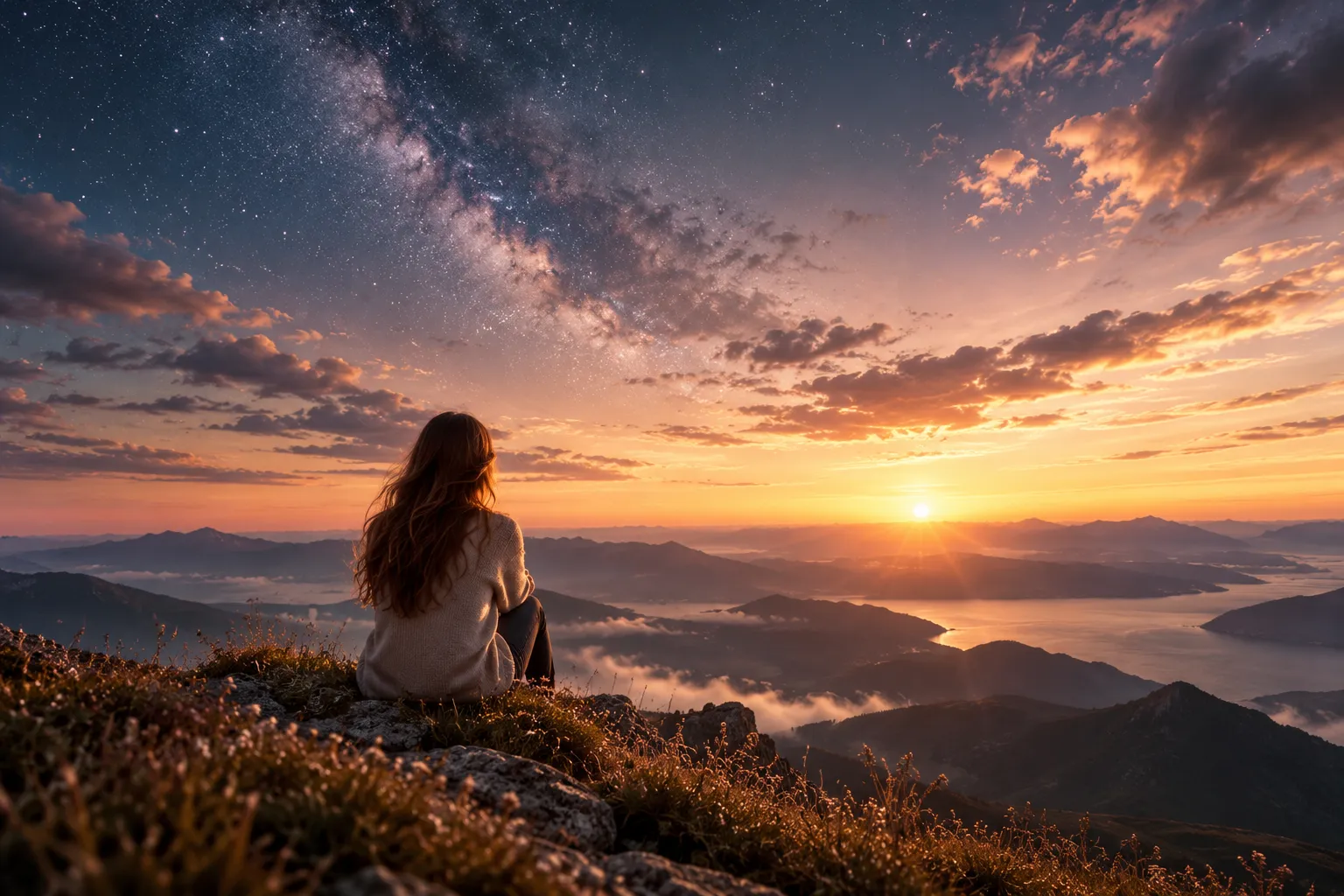 Eine Frau blickt unter einem Sternenhimmel auf den Sonnenuntergang über einer Berglandschaft und denkt über Glauben und die Existenz Gottes nach.